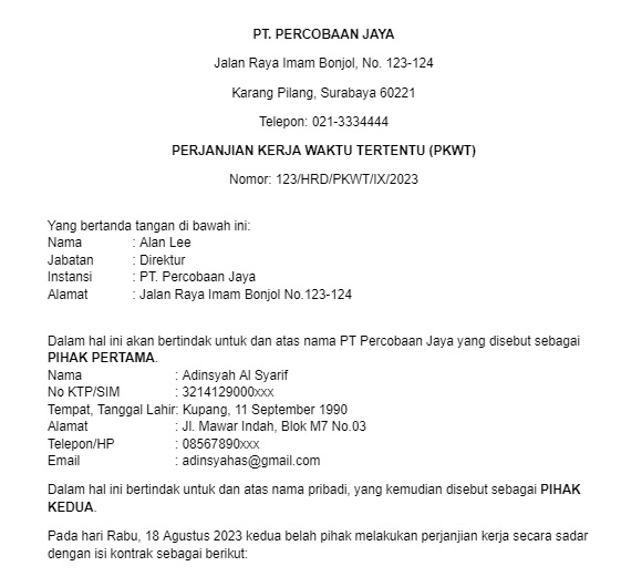 Contoh Surat Kontrak Kerja Karyawan PKWT Dan PKWTT, Simak!